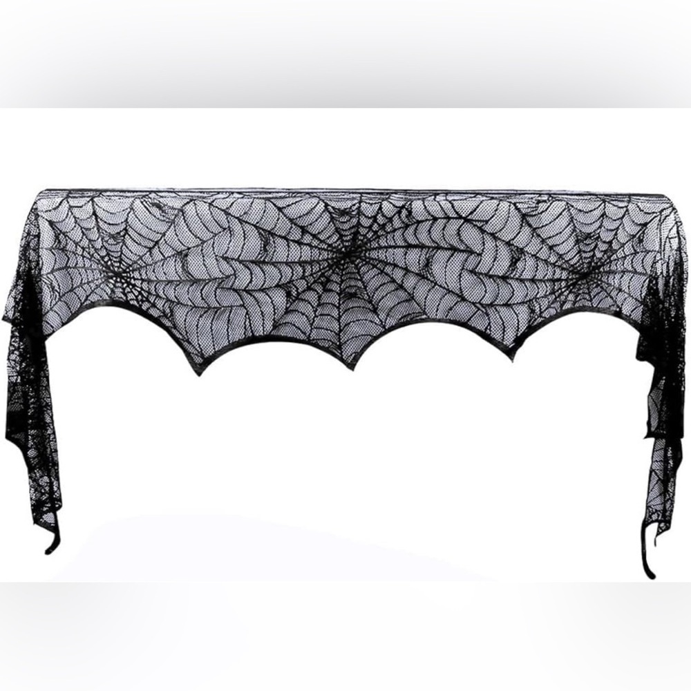 Halloween Decoration Black Lace Spiderweb Fireplace Mantle Cover 18” x 96” - Picture 2 of 9